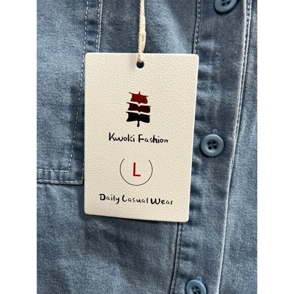 KWOKI FASHION Blue chambray long sleeve drawstring tab back sleeves NWT SZ L - Picture 6 of 6
